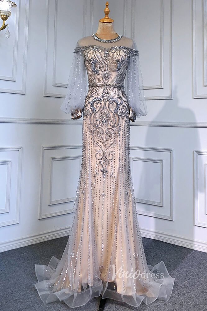 Gold Beaded Evening Dresses Sheath Long Puffed Sleeve Pageant Dress FD3016-Evening Dresses 2025 -Viniodress-Silver-US 2-