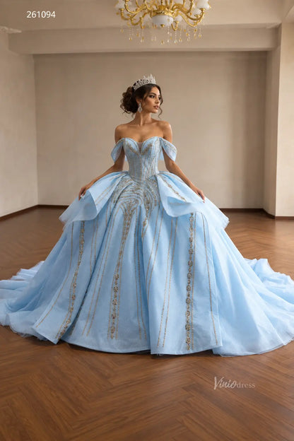 Light blue quinceañera ball gown with gold beaded vertical patterns, off-shoulder sweetheart neckline, and sculptural peplum.