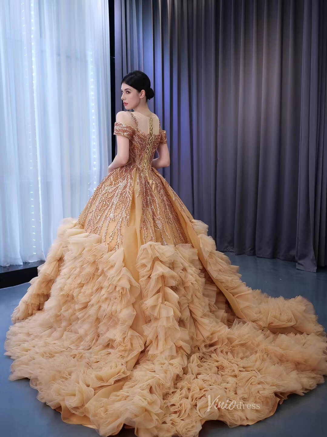 Gold Beaded Tiered Sweet 16 Ball Gowns Off the Shoulder Wedding Dresses 231055-Quinceanera Dresses 2025 -Viniodress-Gold-Custom Size-