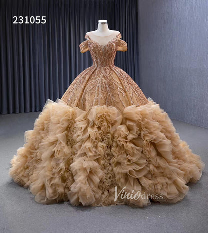 Gold Beaded Tiered Sweet 16 Ball Gowns Off the Shoulder Wedding Dresses 231055-Quinceanera Dresses 2025 -Viniodress-Gold-Custom Size-
