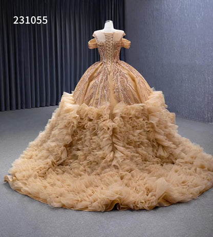 Gold Beaded Tiered Sweet 16 Ball Gowns Off the Shoulder Wedding Dresses 231055-Quinceanera Dresses 2025 -Viniodress-Gold-Custom Size-