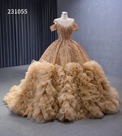 Gold Beaded Tiered Sweet 16 Ball Gowns Off the Shoulder Wedding Dresses 231055-Quinceanera Dresses 2025 -Viniodress-Gold-Custom Size-