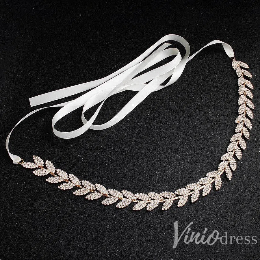 Gold Crystal Laurea Leaves Bridal Sashes Viniodress AC1046-Sashes & Belts 2025 -Viniodress-Gold-