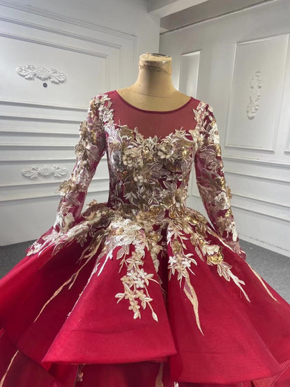 Gold Floral Red Ball Gown Wedding Dress Vintage Quince Dress 67467-Quinceanera Dresses 2025 -Viniodress-Burgundy-Custom Size-