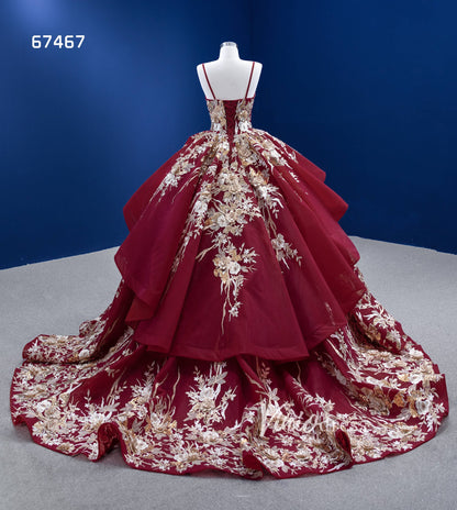 Gold Floral Red Ball Gown Wedding Dress Vintage Quince Dress 67467-Quinceanera Dresses 2025 -Viniodress-Burgundy-Custom Size-