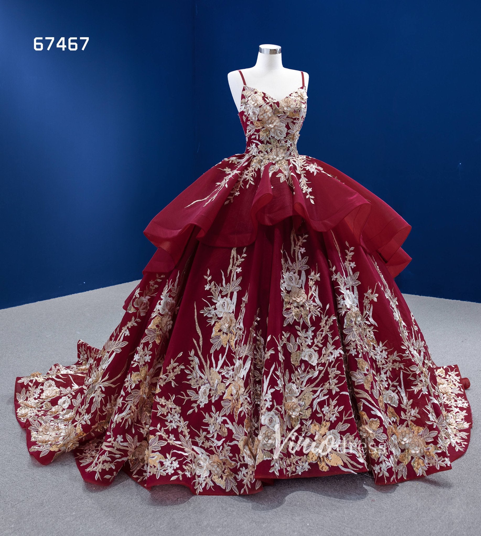 Gold Floral Red Ball Gown Wedding Dress Vintage Quince Dress 67467-Quinceanera Dresses 2025 -Viniodress-Burgundy-Custom Size-