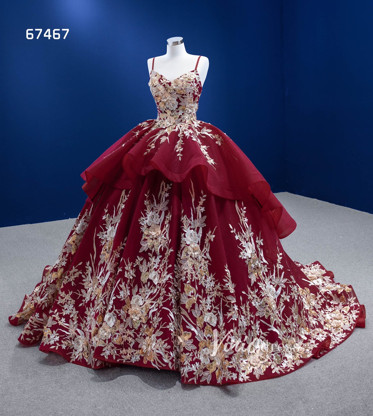 Gold Floral Red Ball Gown Wedding Dress Vintage Quince Dress 67467-Quinceanera Dresses 2025 -Viniodress-Burgundy-Custom Size-