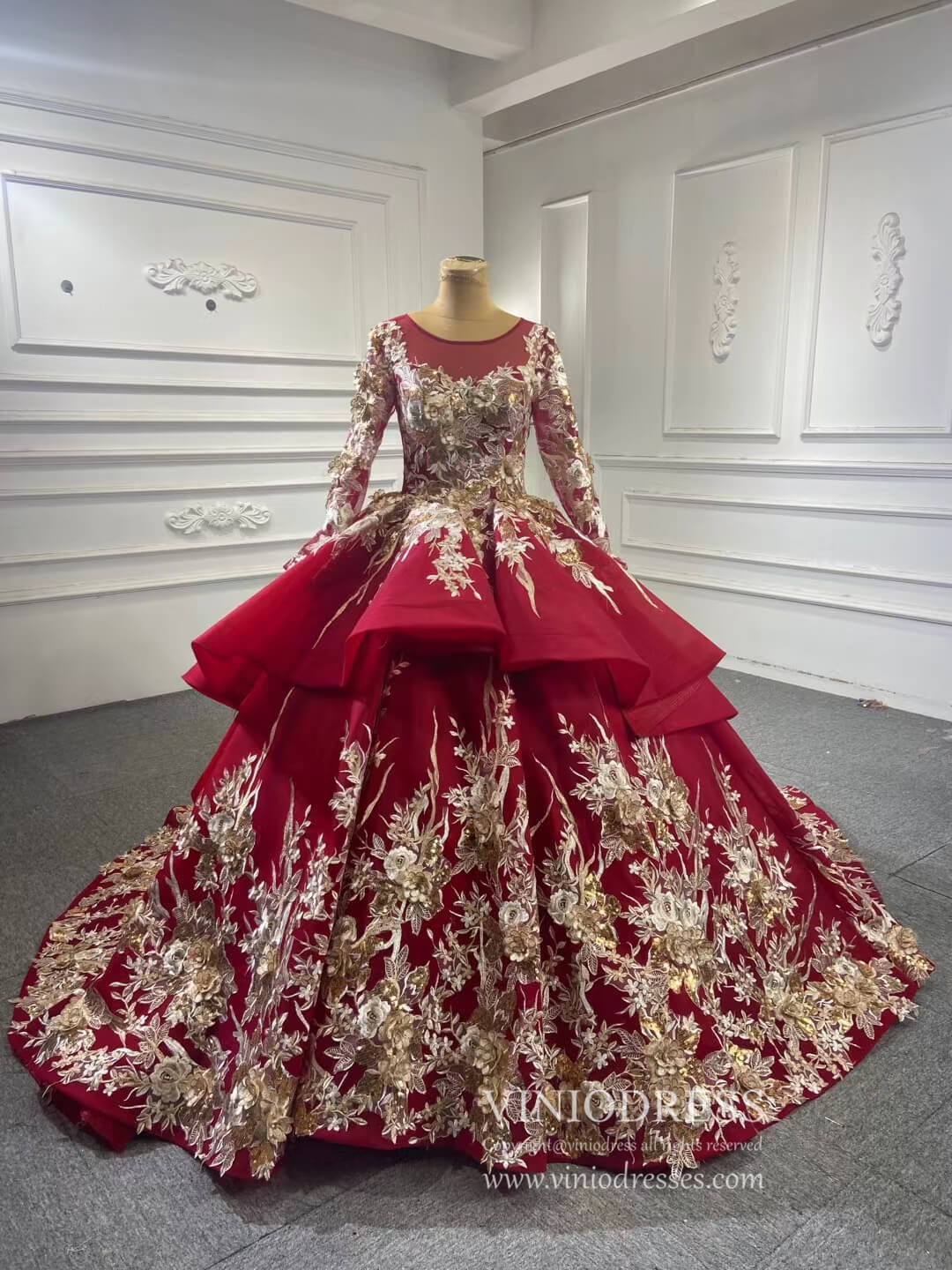 Gold Floral Red Ball Gown Wedding Dress Vintage Quince Dress 67467-Quinceanera Dresses 2025 -Viniodress-Burgundy-Custom Size-