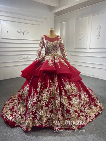 Gold Floral Red Ball Gown Wedding Dress Vintage Quince Dress 67467-Quinceanera Dresses 2025 -Viniodress-Burgundy-Custom Size-