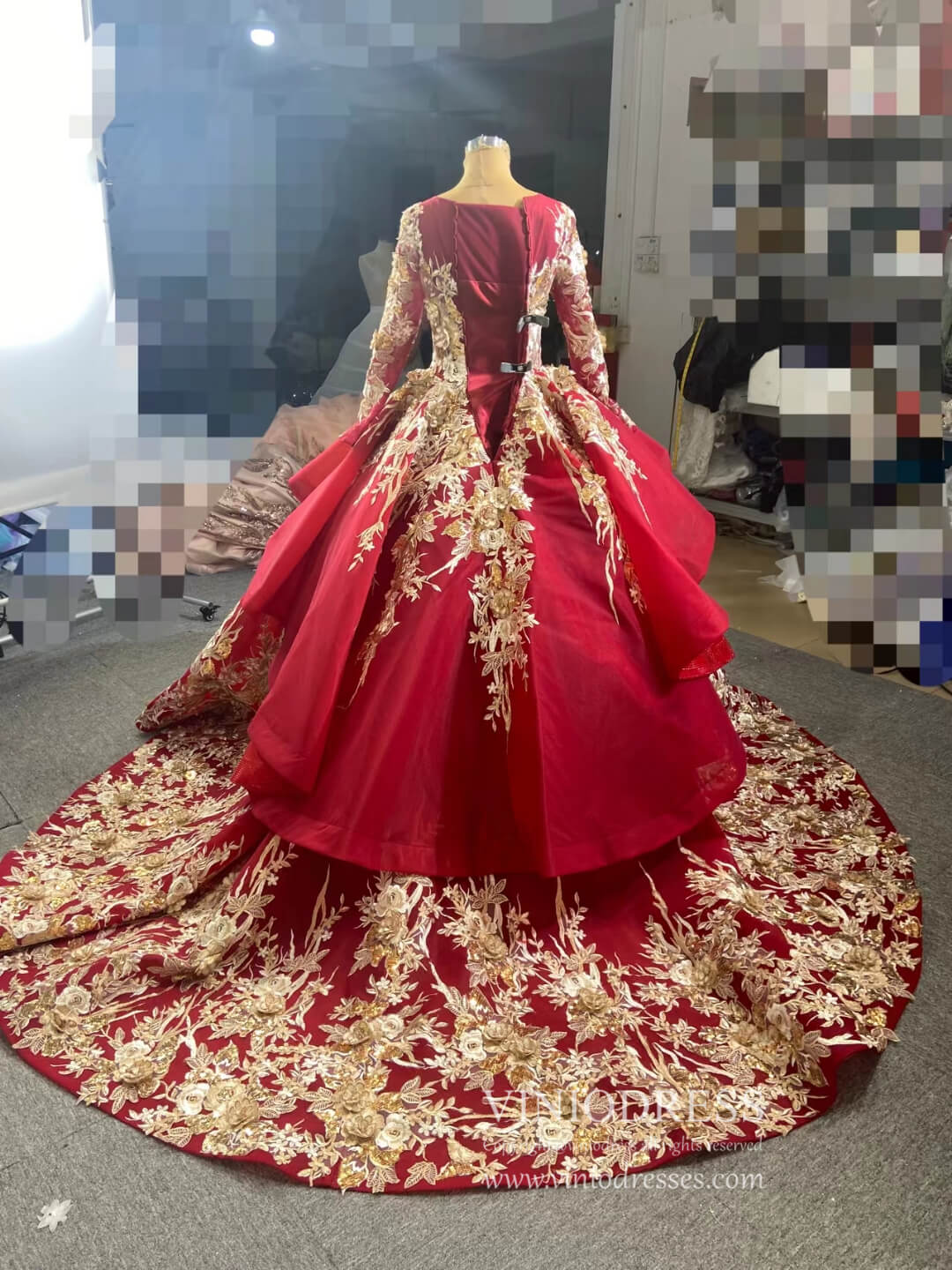 Gold Floral Red Ball Gown Wedding Dress Vintage Quince Dress 67467-Quinceanera Dresses 2025 -Viniodress-Burgundy-Custom Size-