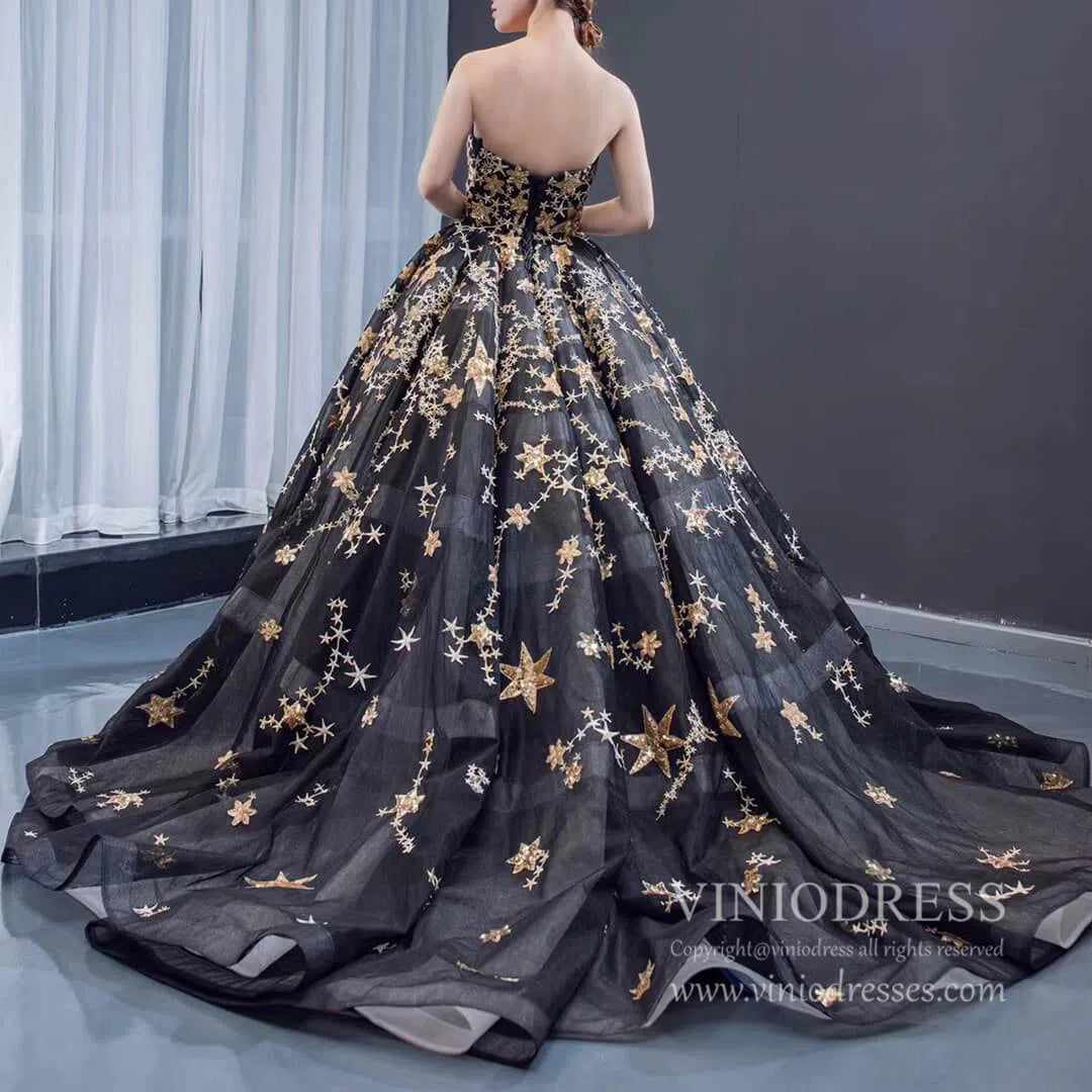 Gold Glitter Star Vintage Ball Gowns Couture Black Debut Dresses FD1770 viniodress-prom dresses 2025 -Viniodress-Black-Custom Size-