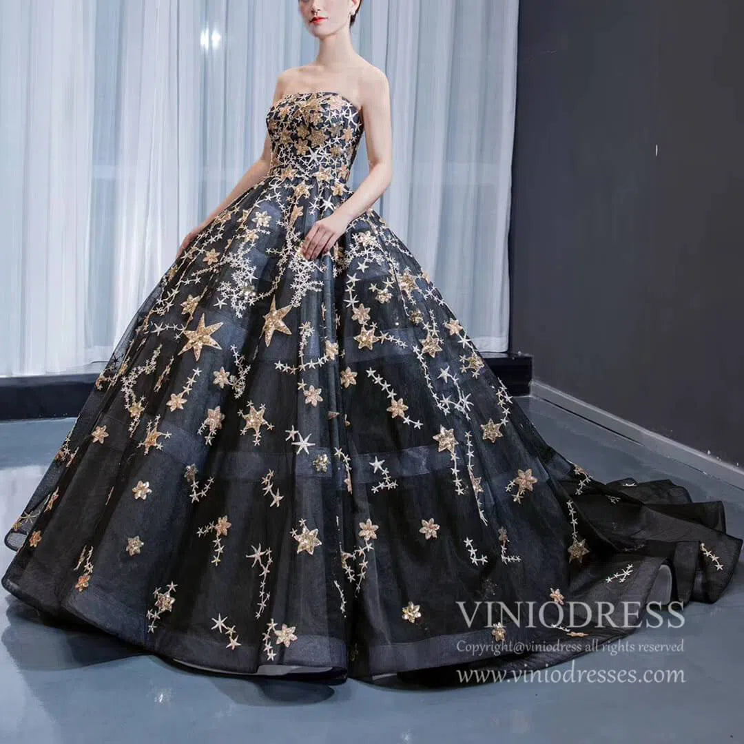 Gold Glitter Star Vintage Ball Gowns Couture Black Debut Dresses FD1770 viniodress-prom dresses 2025 -Viniodress-Black-Custom Size-