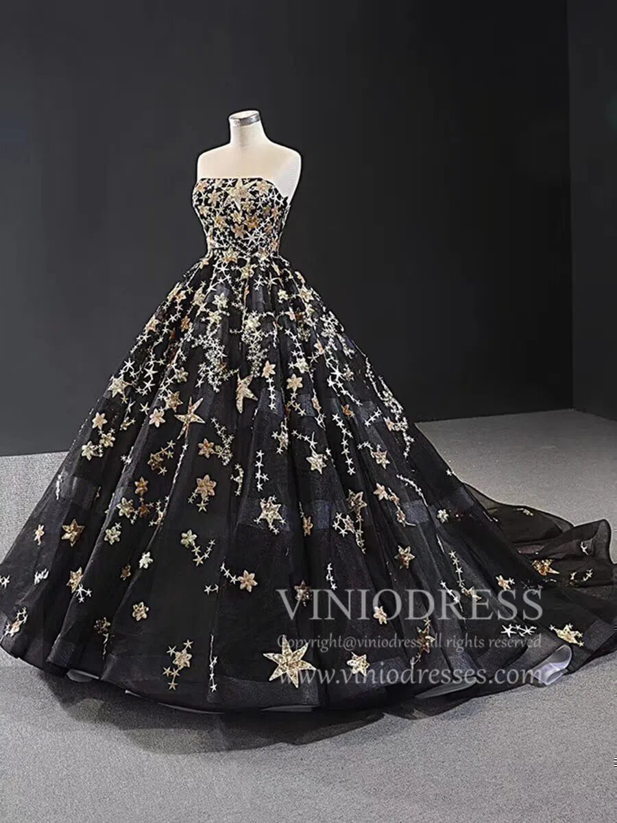 Gold Glitter Star Vintage Ball Gowns Couture Black Debut Dresses FD1770 viniodress-prom dresses 2025 -Viniodress-Black-Custom Size-