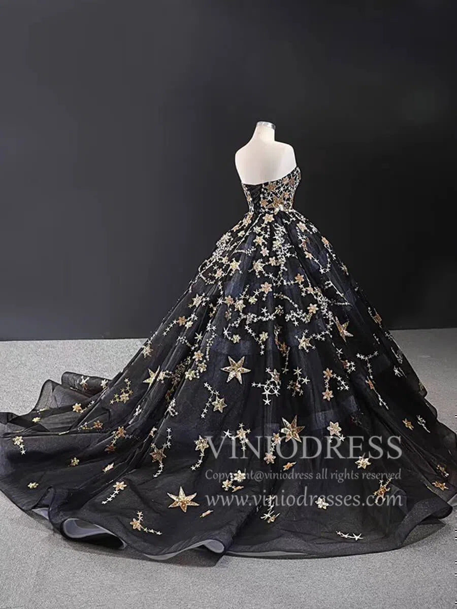 Gold Glitter Star Vintage Ball Gowns Couture Black Debut Dresses FD1770 viniodress-prom dresses 2025 -Viniodress-Black-Custom Size-
