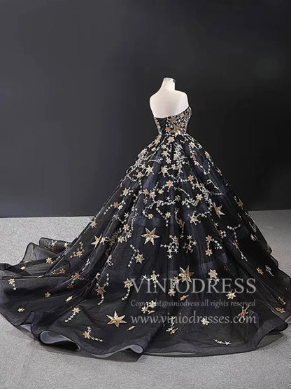 Gold Glitter Star Vintage Ball Gowns Couture Black Debut Dresses FD1770 viniodress-prom dresses 2025 -Viniodress-Black-Custom Size-