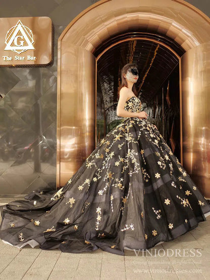 Gold Glitter Star Vintage Ball Gowns Couture Black Debut Dresses FD1770 viniodress-prom dresses 2025 -Viniodress-Black-Custom Size-