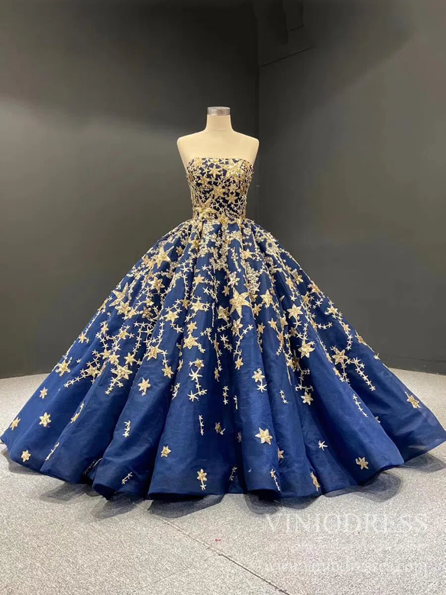 Gold Glitter Star Vintage Ball Gowns Couture Black Debut Dresses FD1770 viniodress-prom dresses 2025 -Viniodress-Blue-Custom Size-