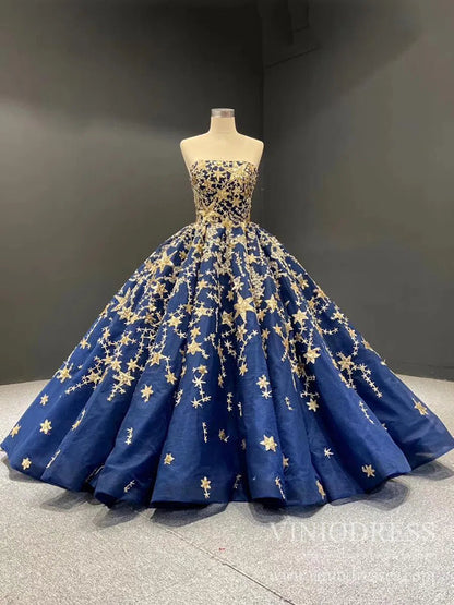 Gold Glitter Star Vintage Ball Gowns Couture Black Debut Dresses FD1770 viniodress-prom dresses 2025 -Viniodress-Blue-Custom Size-