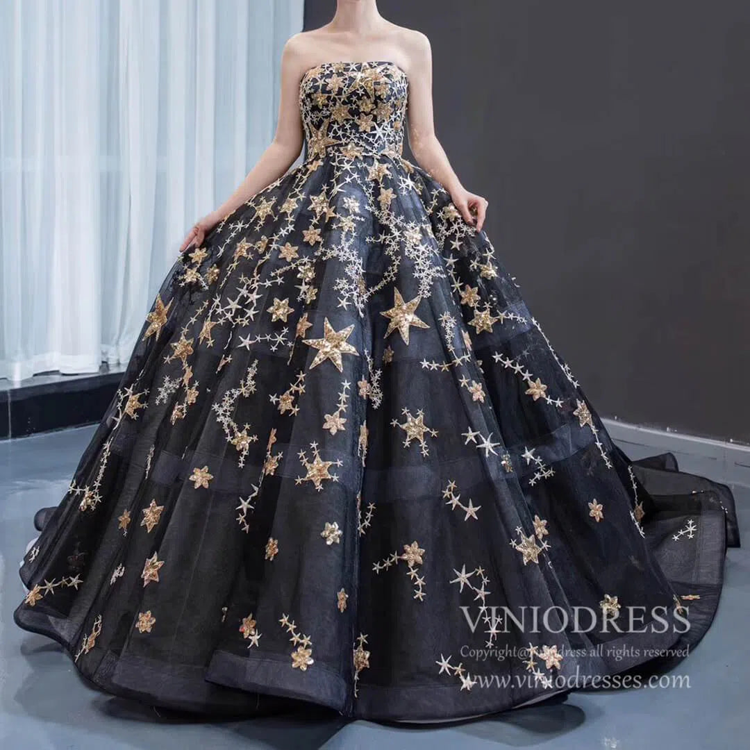 Gold Glitter Star Vintage Ball Gowns Couture Black Debut Dresses FD1770 viniodress-prom dresses 2025 -Viniodress-Black-Custom Size-