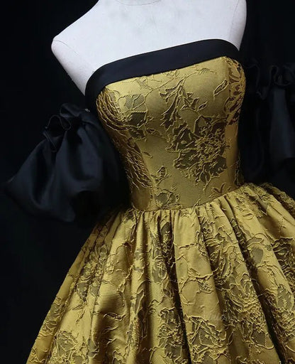Gold Jacquard Prom Dresses with Puffed Sleeve, Off the Shoulder, Quinceanera Dresses SU078-prom dresses 2025 -Viniodress-Gold-Custom Size-