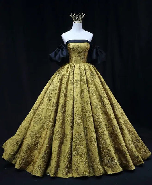 Gold Jacquard Prom Dresses with Puffed Sleeve, Off the Shoulder, Quinceanera Dresses SU078-prom dresses 2025 -Viniodress-Gold-Custom Size-