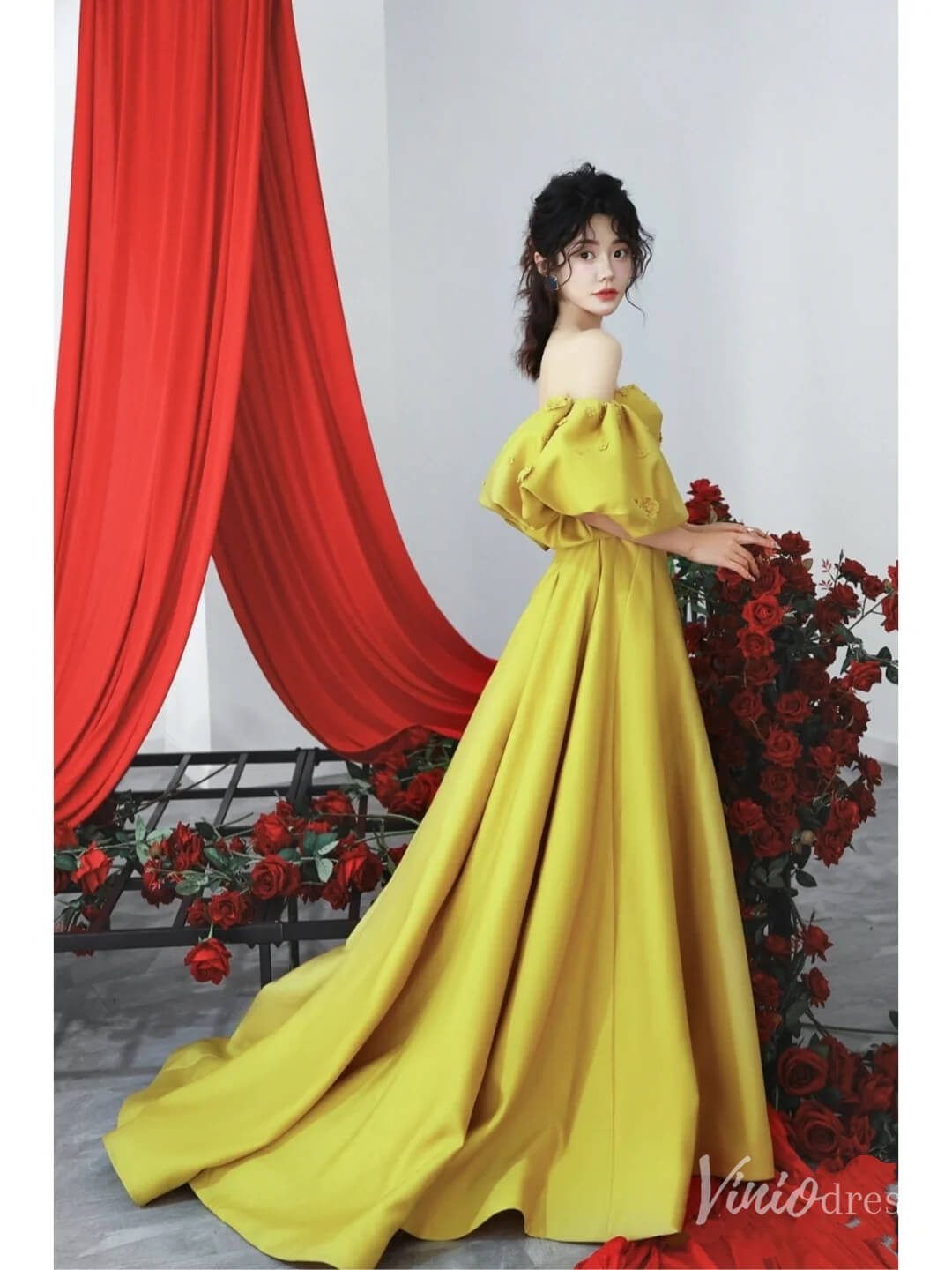 Gold Satin Puffed Sleeve Prom Dresses Off the Shoulder Formal Gown FD2314-prom dresses 2025 -Viniodress-Gold-Custom Size-