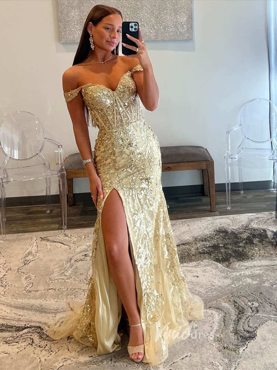 Gold Sequin Lace Mermaid Prom Dresses with Slit Off the Shoulder Eveni – Viniodress