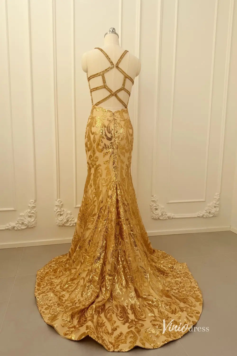 Gold Sequin Mermaid Prom Dress with Strappy Open Back – SQ035 – Viniodress