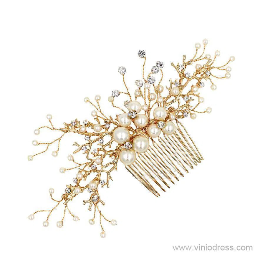 Gold Sprig Bridal Comb with Crystals and Pearls Viniodress ACC1108-Headpieces-Viniodress-Gold-Viniodress