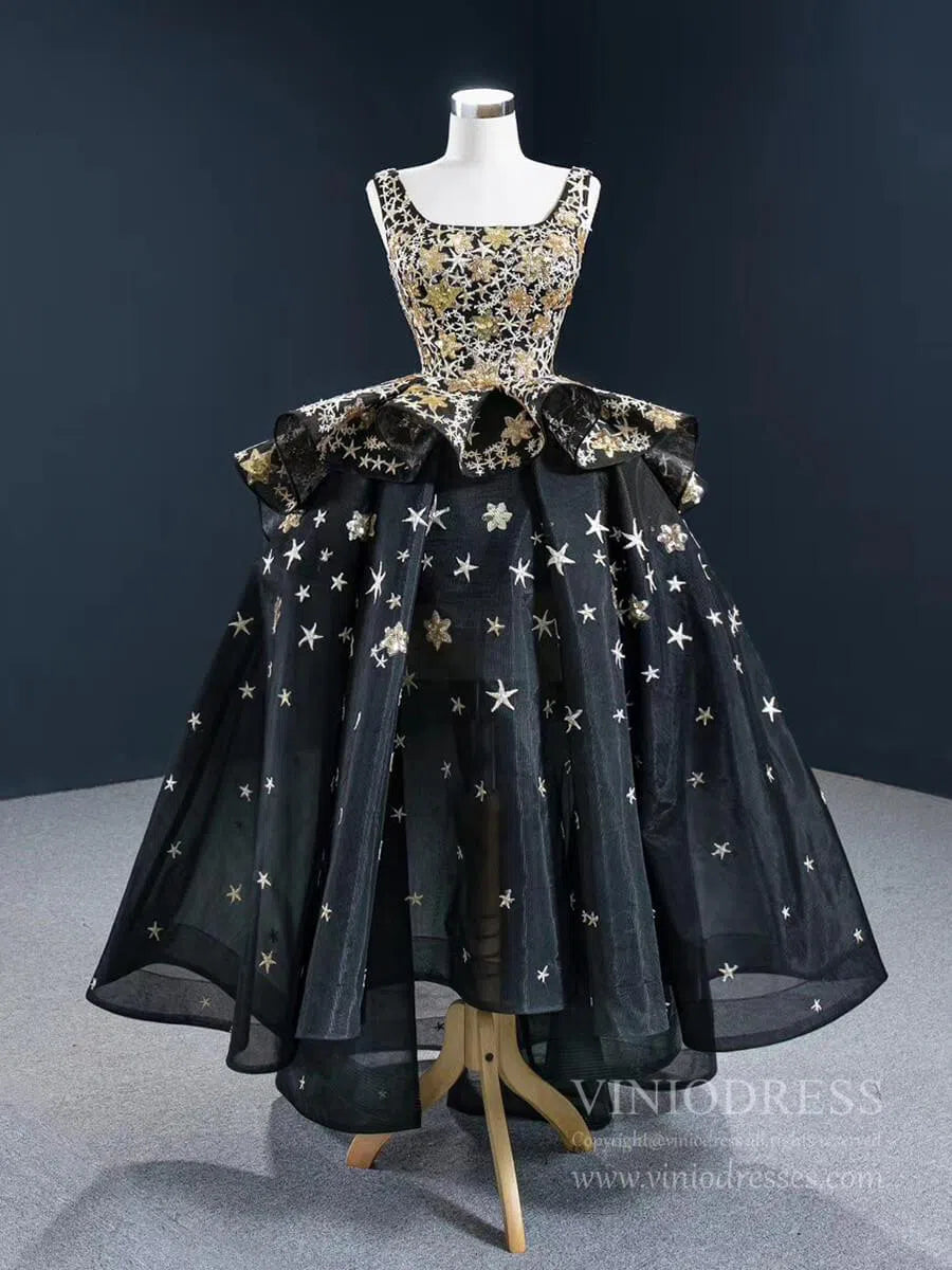 Gold Star Black Prom Dresses High Low Long Homecoming Dress FD2429-Homecoming Dresses 2025 -Viniodress-Black-Custom Size-