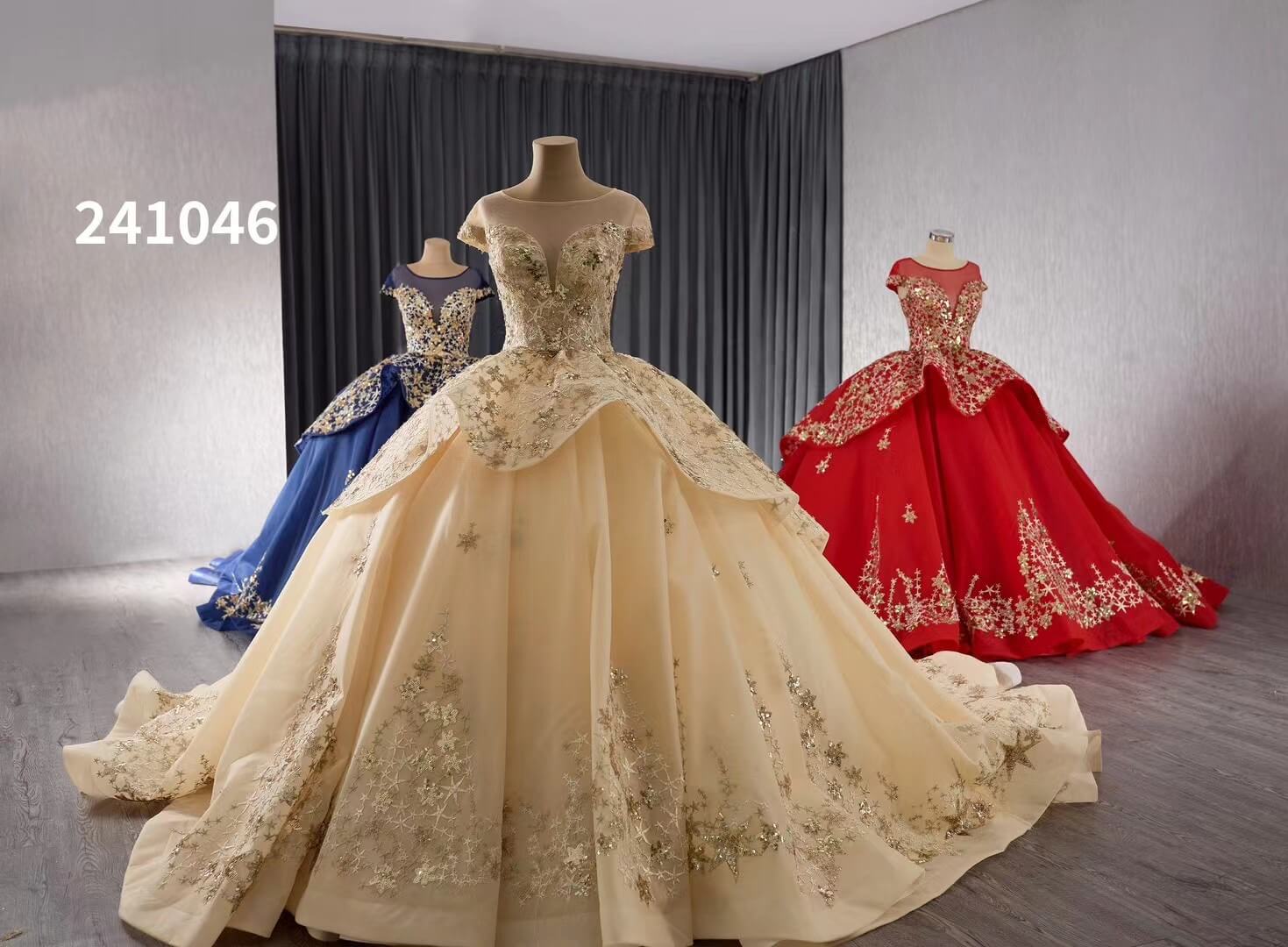 Gold Starry Lace Wedding Gown Overskirt Cap Sleeve Quinceanera Dress 241046-Quinceanera Dresses 2025 -Viniodress-Blue-Custom Size-