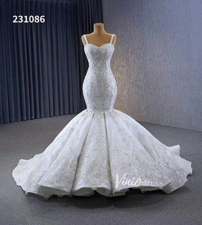 Gorgeous Beaded Lace Wedding Dresses Mermaid Spaghetti Strap Bridal Gown 231086-wedding dresses 2025 -Viniodress-Ivory-Custom Size-