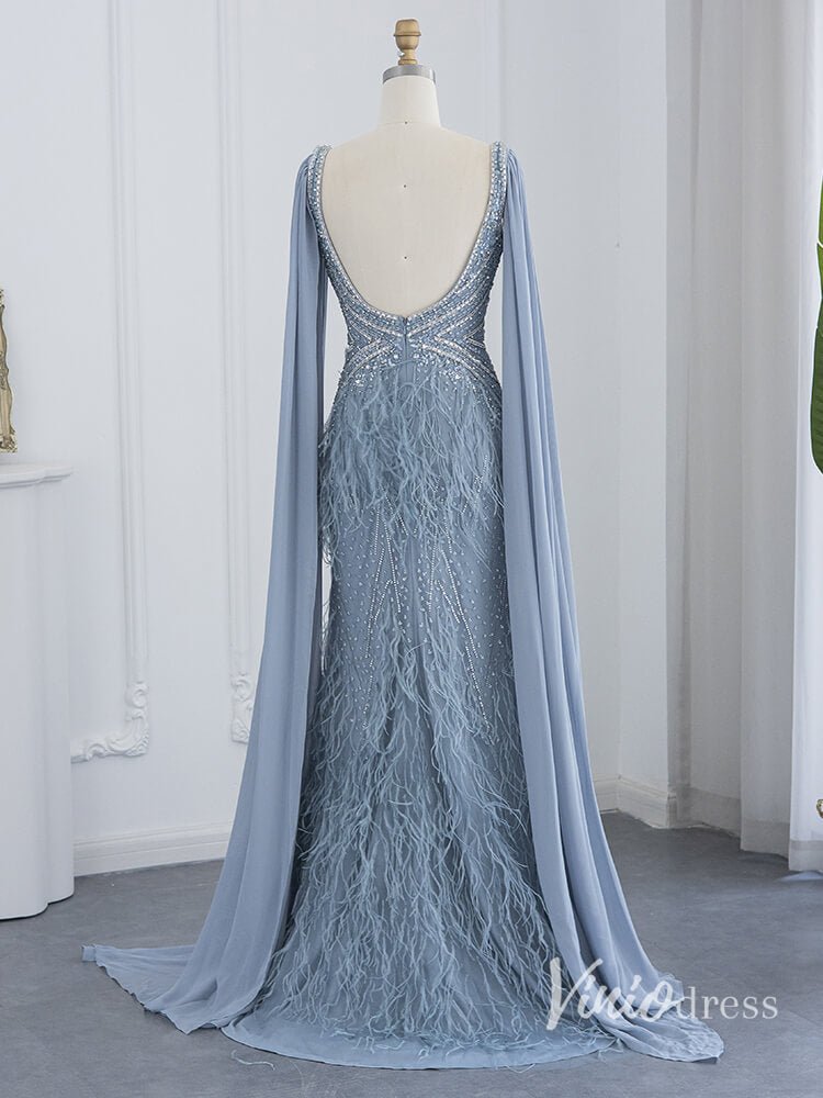 Gorgeous Beaded Mermaid Evening Dresses with Feathers Extra Long Sleeve Pageant Dress AD1166-Evening Dresses 2025 -Viniodress-Dusty Blue-US 2-