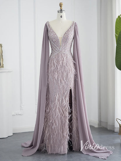 Gorgeous Beaded Mermaid Evening Dresses with Feathers Extra Long Sleeve Pageant Dress AD1166-Evening Dresses 2025 -Viniodress-Mauve-US 2-