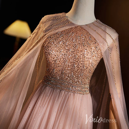 Gorgeous Beaded Prom Dresses Cape Sleeve Formal Dress AD1119-prom dresses 2025 -Viniodress-Pink-Custom Size-