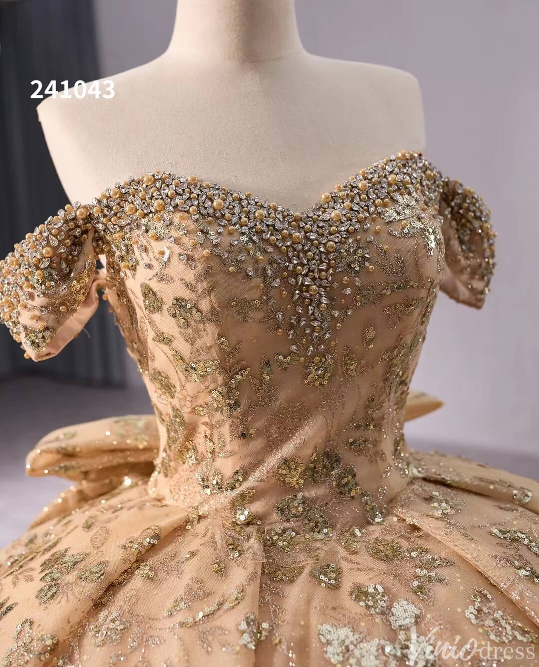 Gorgeous Beaded Sequin Lace Wedding Gown Off the Shoulder Quinceanera Dress 241043-Quinceanera Dresses 2025 -Viniodress-Champagne-Custom Size-