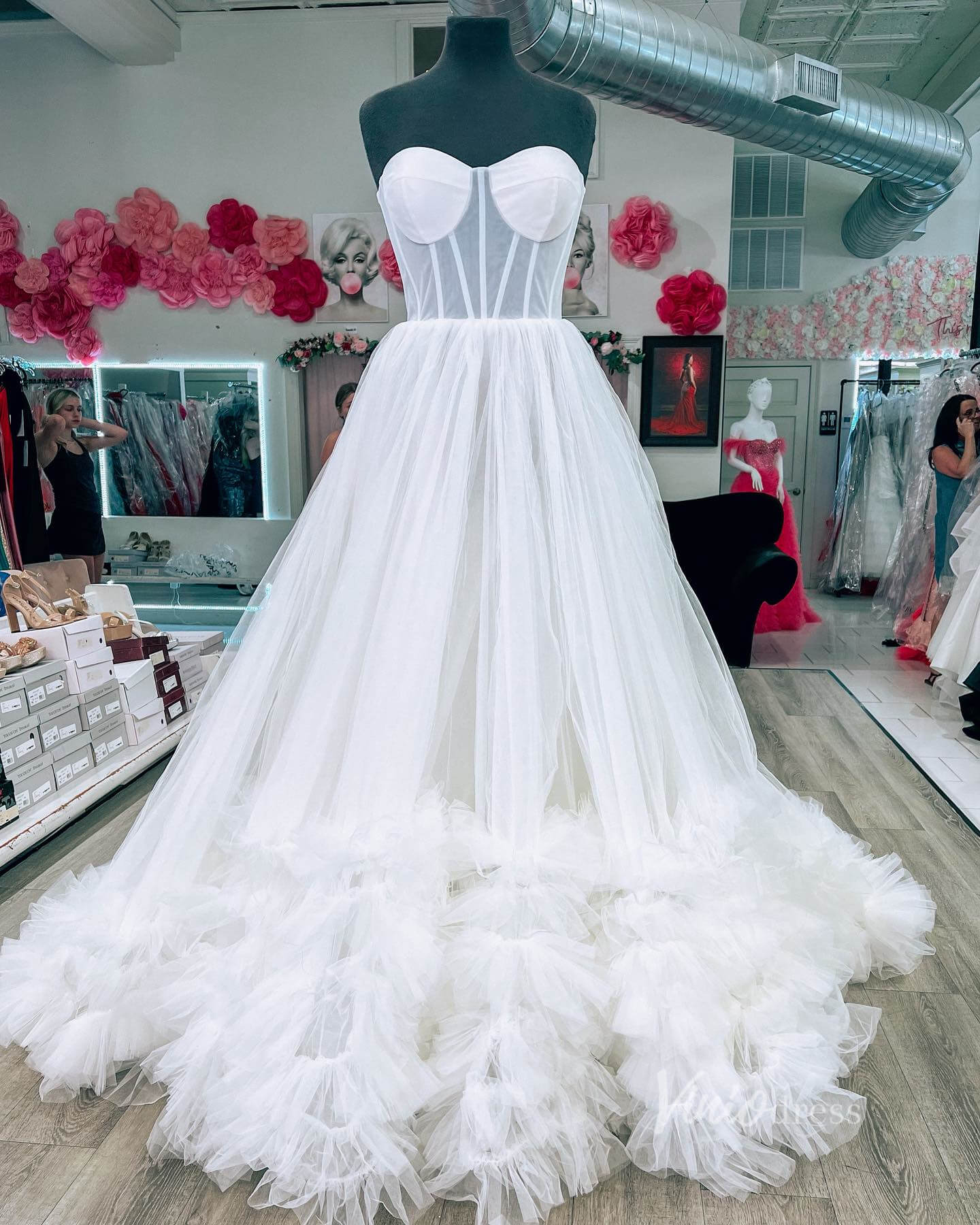 Gorgeous Black Tiered Prom Dresses Strapless Ruffle Tulle Ball Gown FD3616-prom dresses 2025 -Viniodress-Ivory-Custom Size-