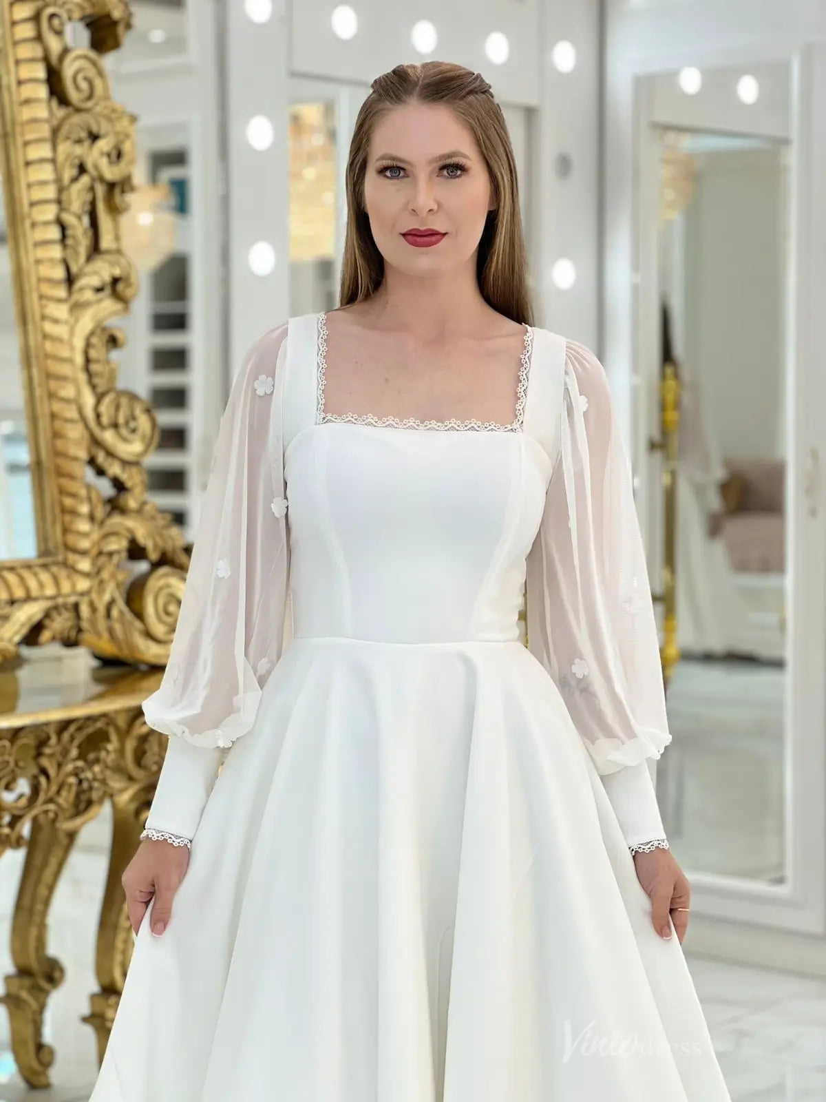 Ivory Tea-Length Crepe Wedding Dress with Puff Sleeves & Lace-Up Back – MS127 – Viniodress