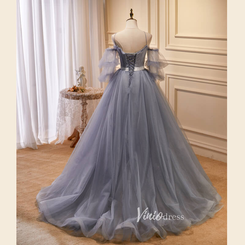 Gray Tulle Prom Dresses Spaghetti Strap Evening Dress FD3211-prom dresses 2025 -Viniodress-Grey-Custom Size-