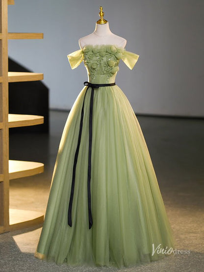Green 3D Flower Prom Ball Gown with Belt Off the Shoulder Quinceanera Dresses BG068-prom dresses 2025 -Viniodress-Green-Custom Size-