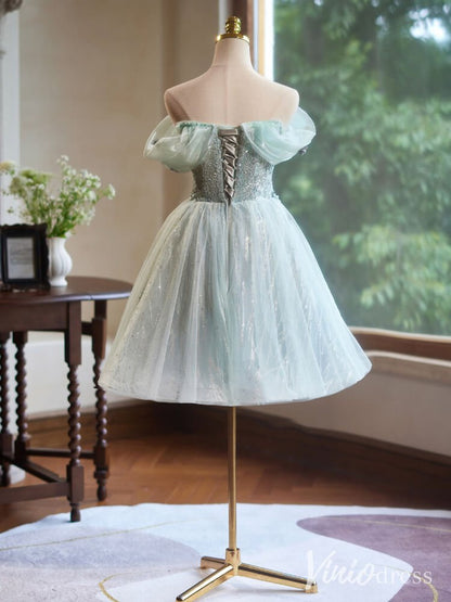 Green Beaded Flower Homecoming Dresses Off the Shoulder Graduation Dress BJ051-prom dresses 2025 -Viniodress-Green-Custom Size-