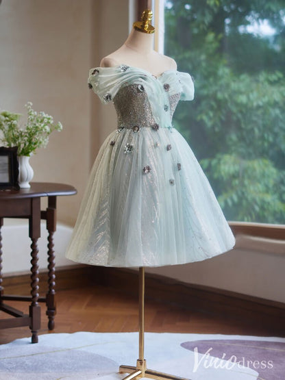 Green Beaded Flower Homecoming Dresses Off the Shoulder Graduation Dress BJ051-prom dresses 2025 -Viniodress-Green-Custom Size-