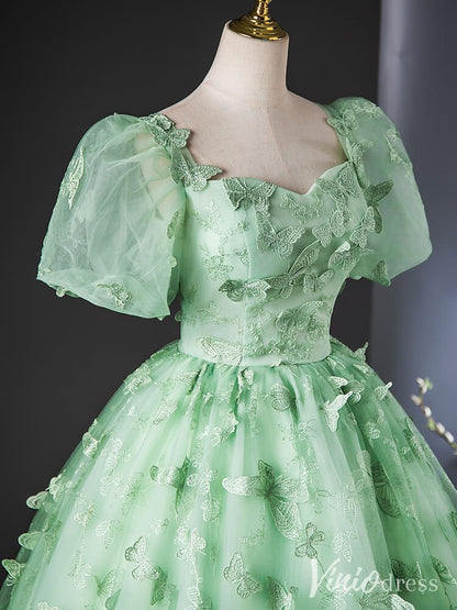 Green Butterfly Lace Applique Quinceanera Dresses Puffed Sleeve Ball Gown AD1379-prom dresses 2025 -Viniodress-Green-Custom Size-