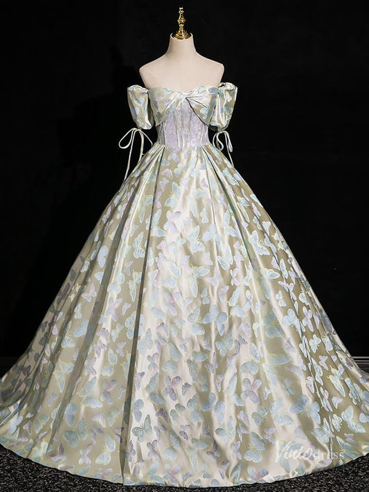Green Butterfly Satin Prom Ball Gown Puffed Sleeve Quinceanera Dresses BG004-prom dresses 2025 -Viniodress-Green-Custom Size-