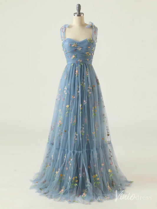 Green Floral Lace Prom Dresses Spaghetti Strap Formal Gown FD4080-prom dresses 2025 -Viniodress-Dusty Blue-Custom Size-