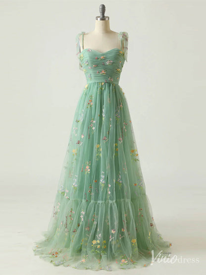 Green Floral Lace Prom Dresses Spaghetti Strap Formal Gown FD4080-prom dresses 2025 -Viniodress-Green-Custom Size-