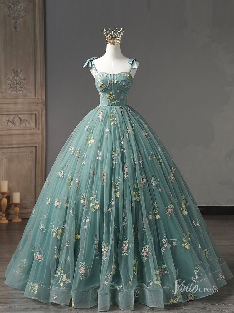 Green Lace Applique Prom Ball Gown Removable Puffed Sleeve Quinceanera Dresses BG055-prom dresses 2025 -Viniodress-Green-Custom Size-