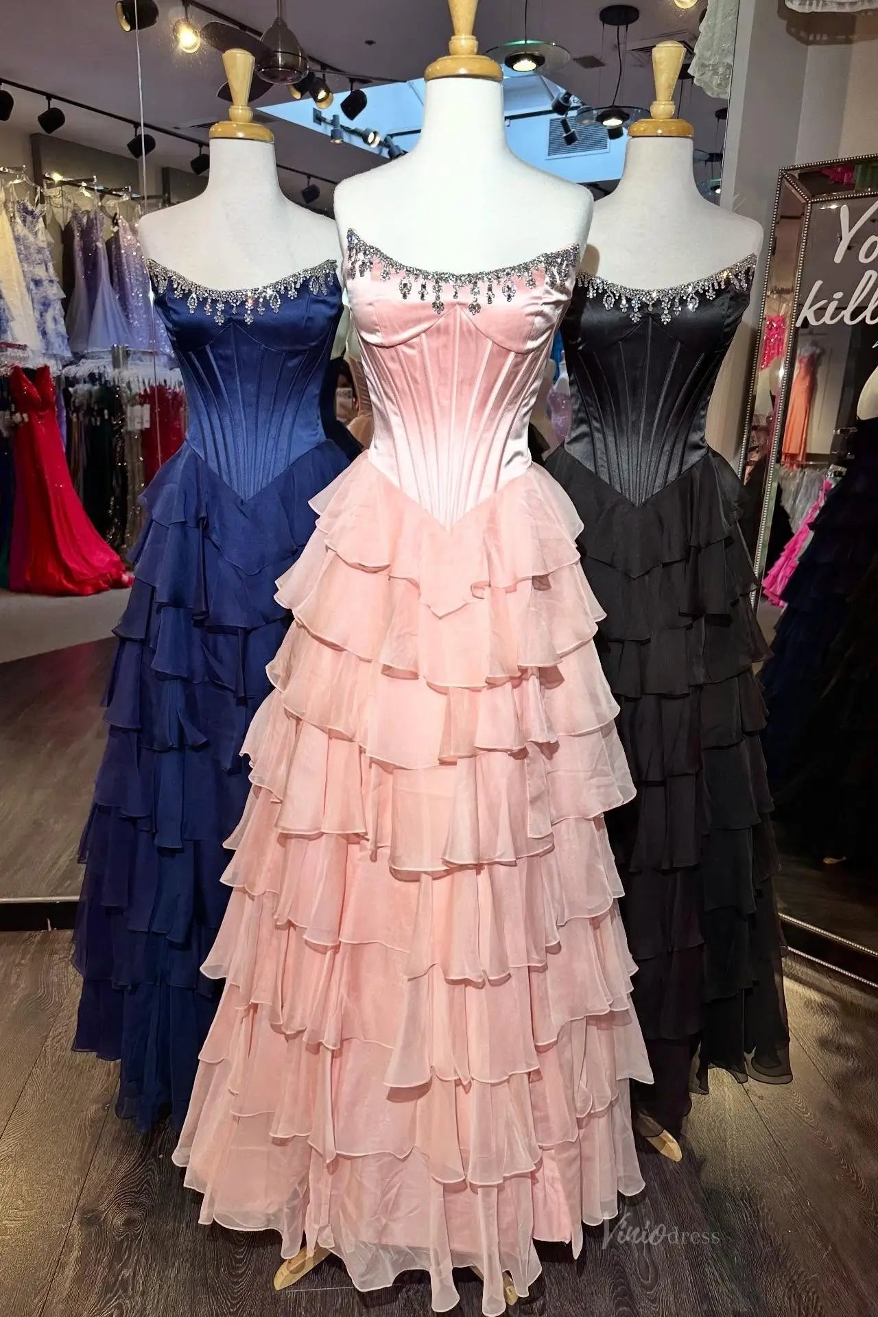 Green Ruffle Prom Dress with Strapless Crystal Neckline & Corset Bodice – RF313-prom dresses 2026-Viniodress-Blush-Custom Size – Add Measurements in Cart-
