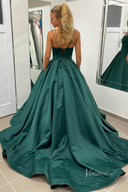 Green Satin Prom Dresses Spaghetti Strap Corset Back FD3992 – Viniodress