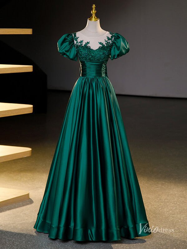 Green Satin Puffed Sleeve Prom Ball Gown Lace Applique Boat Neck Quinceanera Dresses BG066-prom dresses 2025 -Viniodress-Green-Custom Size-